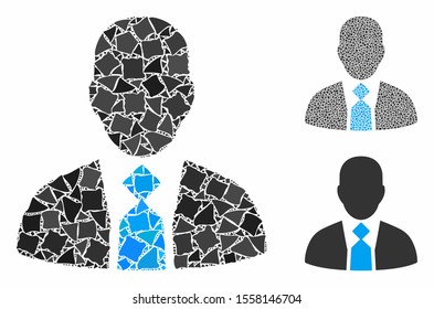 Boss composition of trembly pieces in various sizes and color tinges, based on boss icon. Vector bumpy pieces are united into composition. Boss icons collage with dotted pattern.