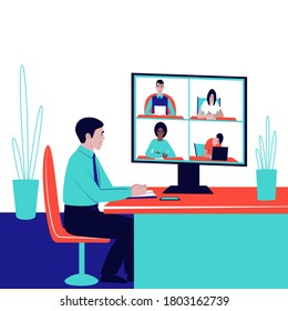 The boss is conducting a corporate video communication, remote discussion. Solution of current issues of the company via video communication. Flat vector illustration.
