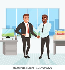 Boss congratulating employee with career promotion. Successful deal. Business people shaking hands in office. Window, table, monitor, stack of paperwork and folders on background