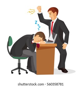 Boss crying at sleeping worker laying on table. Tired manager fall asleep at working place. Angry employer trying to wake up exhausted coworker. Angry chef shouting on dreaming male realistic vector