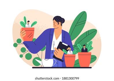 Boss cultivate potted plant with business people isolated. Mentoring and growing employees vector flat illustration. Concept of human resource management, supervise, professional growth and career