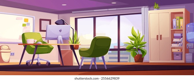 Boss desk near window cartoon room interior background. Work table in office with computer monitor, chair and modern furniture in bank. Clean school director indoor workplace with desktop and plant