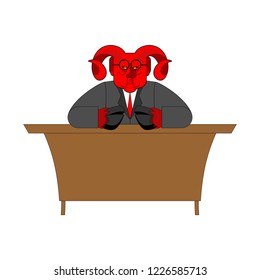 Boss devil in table. Demon businessman. Satan Chief. Angry Lucifer
