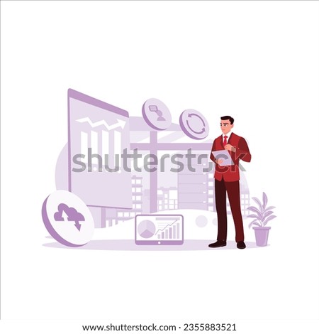 A boss with a digital tablet controls instant data while walking around the office. Trend Modern vector flat illustration