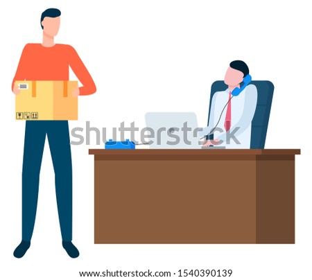 Boss director of company with workers vector, isolated office of chief. Employee and employer, cargo delivery, fulfilling orders shipping goods business