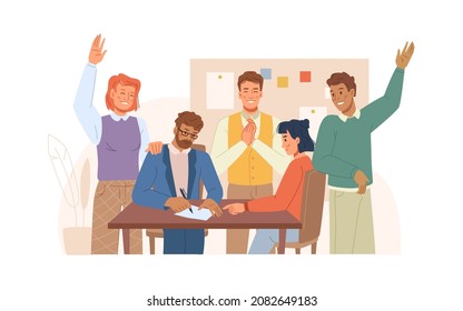 Boss or director signing document or agreement, team cheering and applauding. Vector office and happy characters, development of company and working on partnership. Collaboration and cooperation