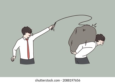 Boss or director tyrant hit male colleague with whip control work coordinates. Authoritarian aggressive businessman scold man employee carry stone. Power and superiority. Flat vector illustration. 