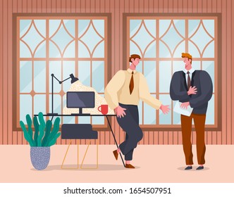 Boss discussing project details with employee in his office. Workplace with modern devices, laptop and gadgets. Director of company talking to worker. Businesspeople at work. Vector in flat style