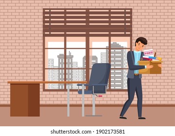Boss dismissed employee. Unhappy fired businessman leave the office with things in box. Unemployment dismissal of fellow workers. Crisis, conflict, jobless and employee job reduction concept