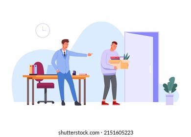 Boss Dismissing Employee. Dismissal Worker, Employer Pointing Door Quit Office Fired Businessman Leave Work Place Job Unemployment Layoff Bad Mistakes Employees Vector Illustration Of Dismissal Person