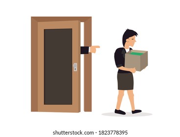 Boss dismissing woman. Businessman angry with employee, sacked staff. Vector illustration.