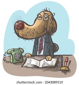 Boss Dog. Office work. Funny character. Vector illustration 