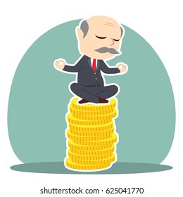 boss doing yoga on coins