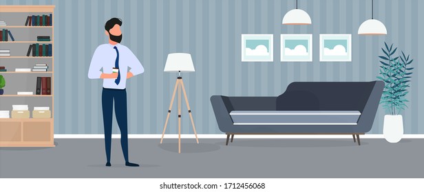 The boss is drinking coffee in his office. A man in trousers, a shirt and a tie. Office, floor lamp, workplace, laptop, indoor plant. Vector.