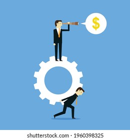 Boss earns profits from hard working employees, Vector illustration in flat style