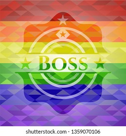 Boss emblem on mosaic background with the colors of the LGBT flag