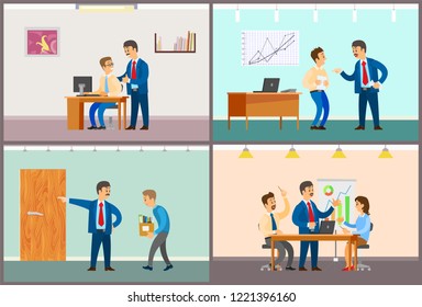 Boss And Employee Interaction, Office Work Routine. Good Or Bad Job, Clerk Dismissal And Business Meeting At Conference Room Vector Illustrations.