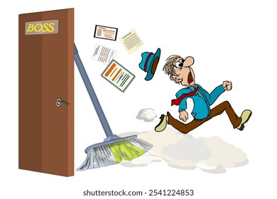 Boss with employee. Officer and flying pages of documents or reports. Company boss lay off employee. Rejected finance reports. Conflicts at work. Personnel management. Stock vector illustration