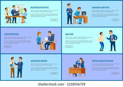 Boss and employee relationships web pages. Office work, phone negotiations, job interview and worker control, clerk with manager, business meeting vector