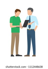 Boss and employee work new business startup. Man with laptop manager dressed formal clothes. Men working in team on projects isolated vector illustration.