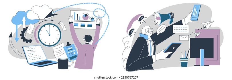 Boss and employee working on project, male character with documentation, visual charts and graphics. Man calling to partners, communicating with clients and new customers. Vector in flat style