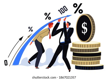 Boss And Employee Worrying For Stable Economy Or Profit Of Company. Businessman Caring For Business Capital Or Benefit. Pile Of Money And Arrow With Presents. Deposit In Bank. Vector In Flat Style