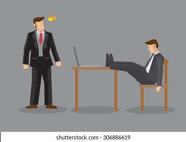 Boss or employer gets angry seeing employee napping at work with legs on table. Creative vector cartoon illustration isolated on grey background.