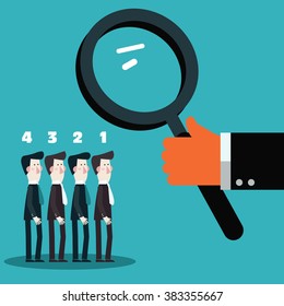 Boss examining employees with magnifying glass. Recruitment and choosing best candidates concept. Human resources management, finding professional employees, recruit candidates and employment service