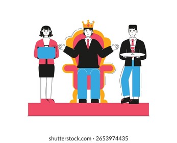 The boss feels like a king to the workers, the office is arbitrary. Character design. Vector flat illustration