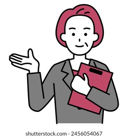 Boss female office worker holding a clipboard and explaining