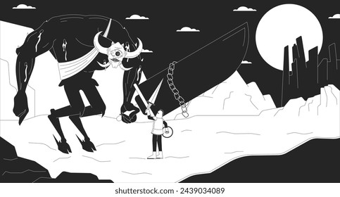 Boss fighting in adventure game black and white line illustration. Knight challenging demon king 2D characters monochrome background. Horror videogame walkthrough outline scene vector image