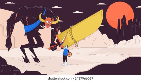 Boss fighting in adventure game cartoon flat illustration. Knight challenging demon king 2D line characters colorful background. Horror videogame walkthrough scene vector storytelling image