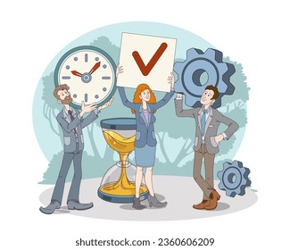 Boss finished job with team in time. Time organization and management concept. Team finished work in time. Flat vector illustration in blue colors in cartoon style