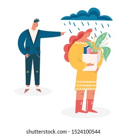 Boss fired employee; dismissal of work, unemployment, jobless, crisis concept. Sad worker loses a job and stands with office box. Woman discharged for bad work, last day at work.