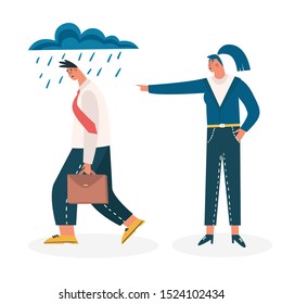 Boss fired employee; dismissal of work, unemployment, jobless, crisis concept. Sad worker loses a job. Man discharged for bad work, last day at work.