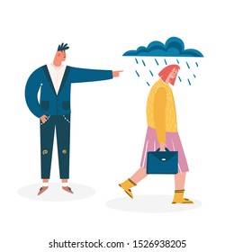 Boss fired employee; dismissal of work, staff reduction, unemployment, jobless, crisis concept. Sad worker loses a job. Woman discharged for bad work, last day at work.