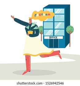 Boss fired employee; dismissal of work, unemployment, jobless, crisis concept. Happy worker loses a hated job and goes away from office. Woman discharged for bad work, last day at work.