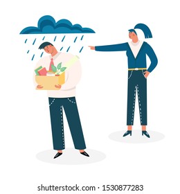Boss fired employee; dismissal of work, unemployment, jobless, crisis concept. Sad worker loses a job and stands with office box. Man discharged for bad work, last day at work.