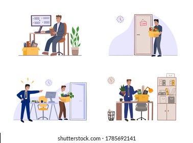 Boss entließ einen Arbeiter. Frustrierter Angestellter legt Sachen in eine Kiste im Büro und kündigt seinen Job. Flache Illustrationen einzeln auf weißem Hintergrund.