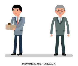 The boss fired a young employee. The young officer angry. Cartoon vector flat-style illustration