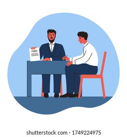 The Boss Fires The Employee. Job Loss, Dismissal. Trendy Flat Vector Illustration. The Impact Of The Economic Crisis On Business. Difficult Conversation With The Boss.