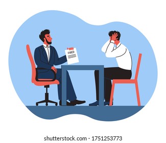 The Boss Fires The Employee. Job Loss, Dismissal. Trendy Flat Vector Illustration. The Impact Of The Economic Crisis On Business. Difficult Conversation With The Boss.