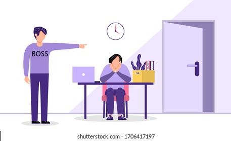 The boss fires an employee. A sad man sits at his former workplace, and the boss shows him the door. The concept of layoffs, unemployment and job cuts. Vector illustration in a flat style.