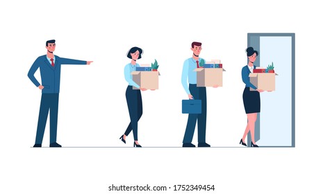 Boss fires employees. Fired men and women leaves the office with a box in his hands. Job loss due to covid-19, economic decline. Dismissed employees goes to door to exit office. Unemployment Vector