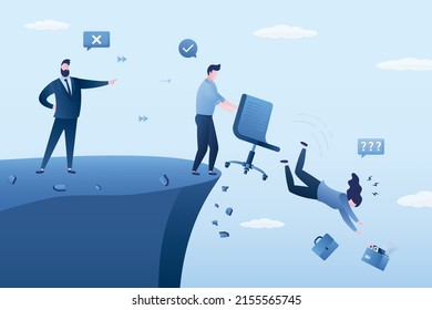 Boss fires employees. Unhappy dismissed woman manager fall off the cliff, staff reduction. Jobless white collar. Unemployment, concept. Economic crisis, financial problems. Flat vector illustration