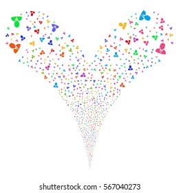 Boss fireworks stream. Vector illustration style is flat bright multicolored iconic symbols on a white background. Object double fountain constructed from random symbols.