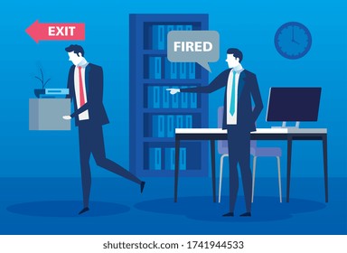 boss firing businessman , dismissal, unemployment, jobless and employee job reduction concept vector illustration design