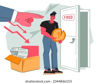 Boss firing dismissed upset office worker. Dismissal and unemployment, crisis and staff downsizing, flat cartoon vector illustration isolated on white background.