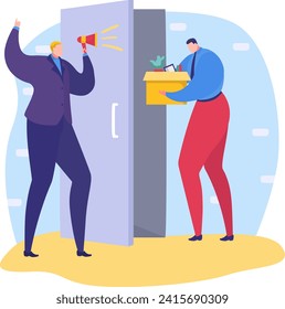 Boss firing employee, man with box of belongings, upset worker leaving office. Job termination and career crisis concept vector illustration.