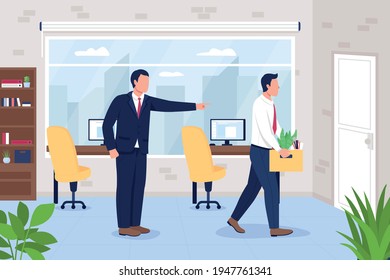 Boss firing employee from office job flat color vector illustration. Dismissal from position. Failure at career. Business managers 2D cartoon characters with corporate workspace on background